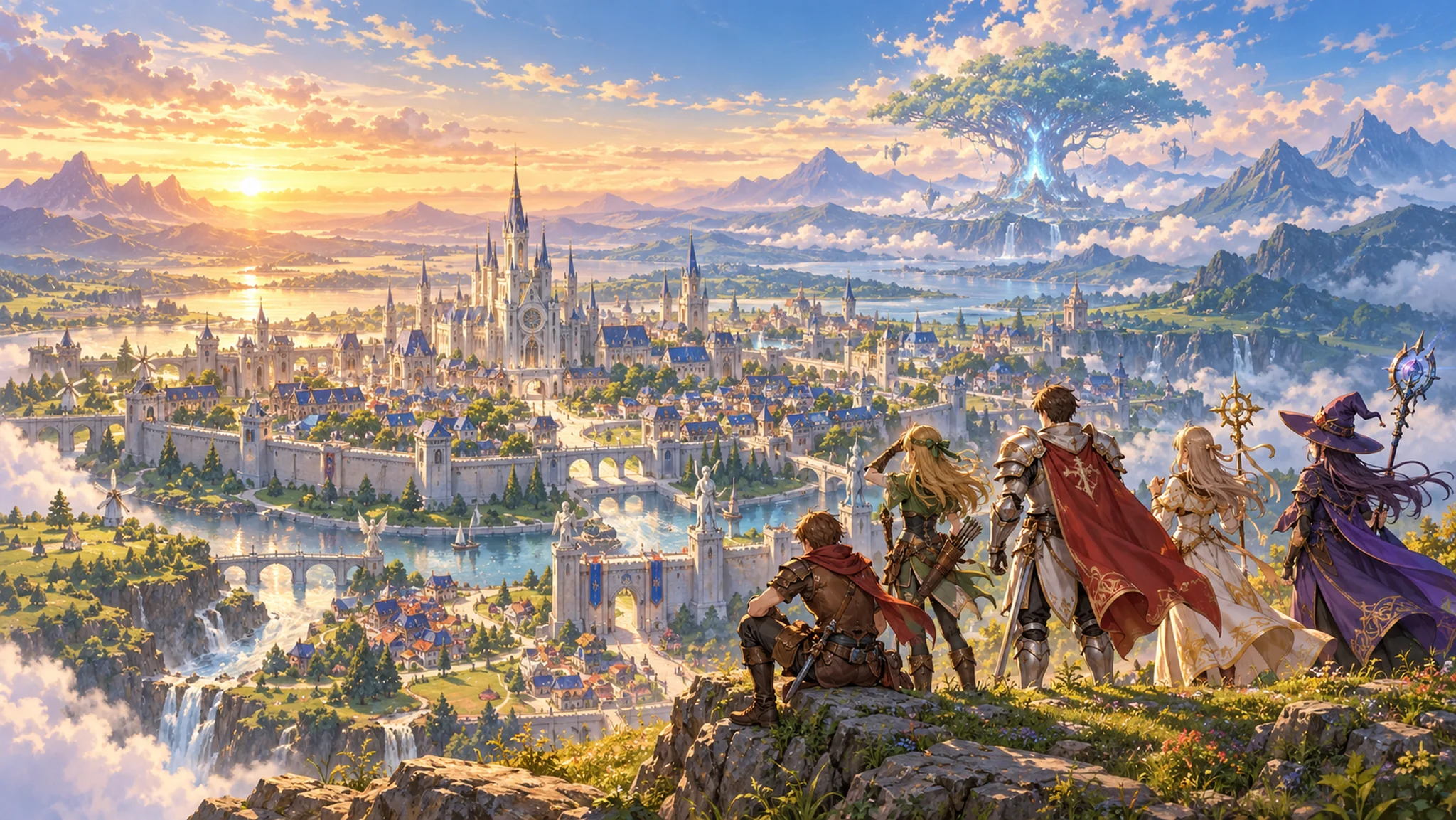 Adventurers overlook the cities, forests and mountains of Midgard
