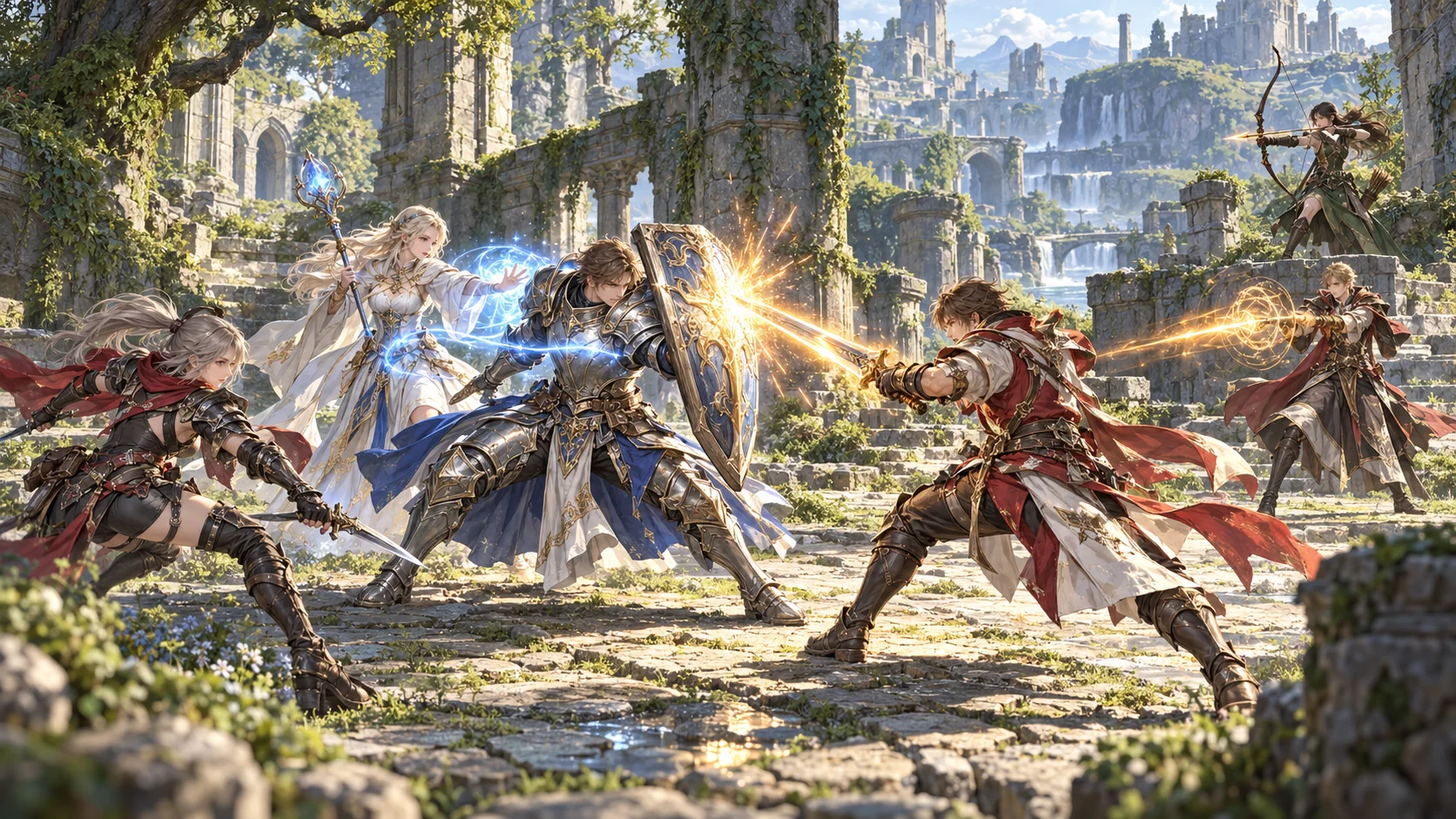 A tank intercepts a strike to protect a healer while allies flank their opponents
