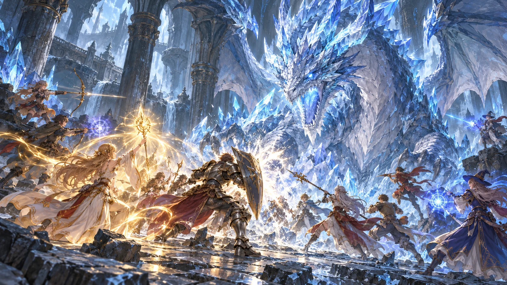 A coordinated raid party confronts a crystalline dragon inside an ancient temple
