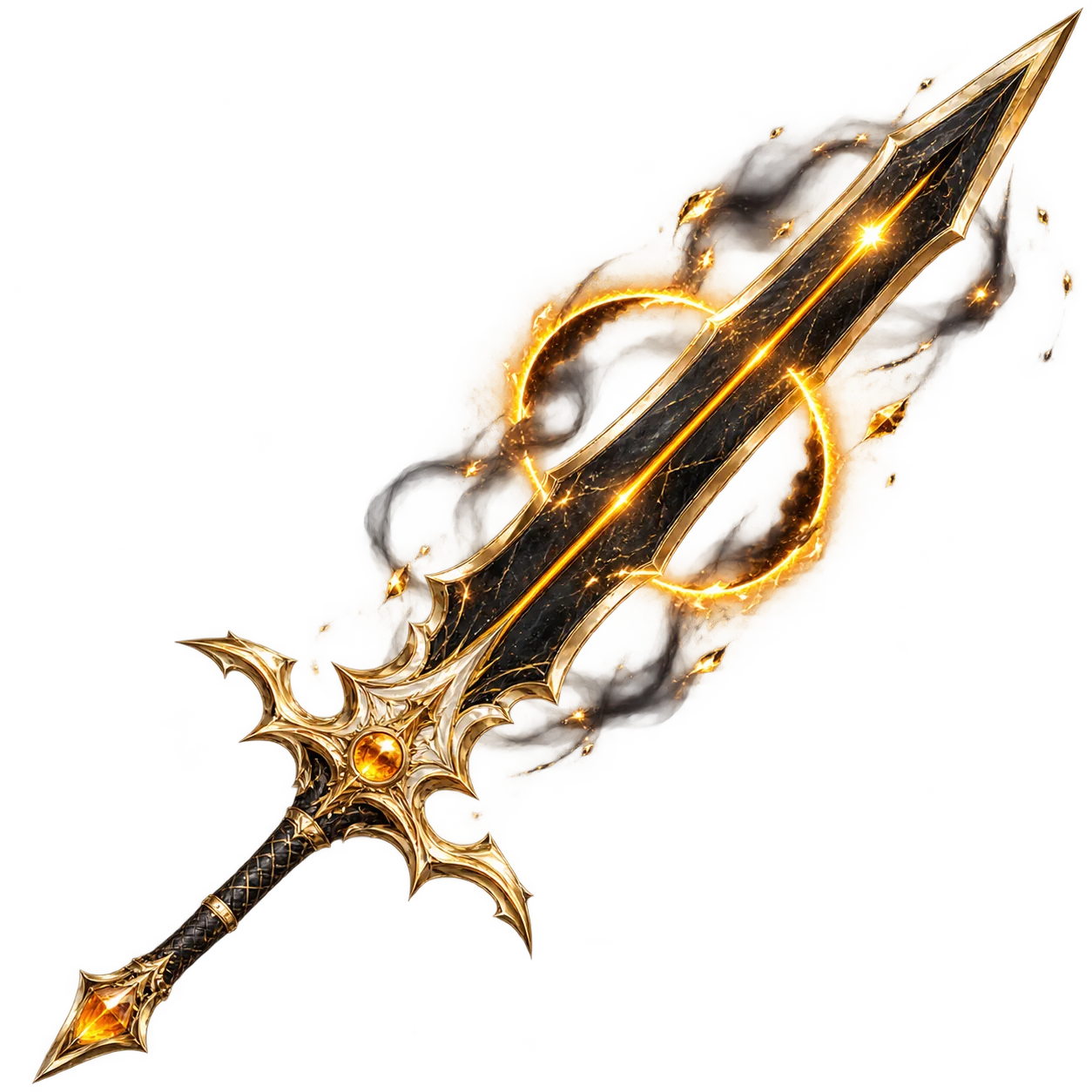 An obsidian and gold greatsword surrounded by an amber eclipse